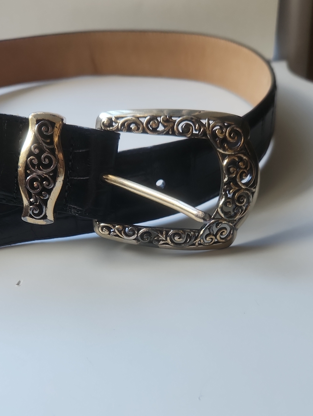 Black Croc-Embossed Leather Belt with Ornate Silver Buckle